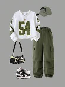 2pcs Young Girls Casual Graphic Number Print Sweatshirt And Cargo Pants Set, Spring/Autumn - Army Green - View 1