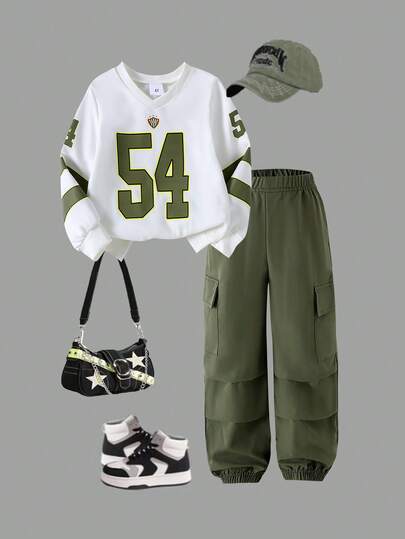 2pcs Girls Toddler Casual Graphic Number Print Sweatshirt And Cargo Pants Set, Spring/Autumn