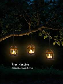 1/2pcs Solar Powered Hanging Lantern, Waterproof Outdoor Solar Powered Bird Cage Candle Holder, Rust Color With Flickering Solar Lights, Suitable For Backyard, Garden, Fence And Tree Decor - Warm White Light - View 3