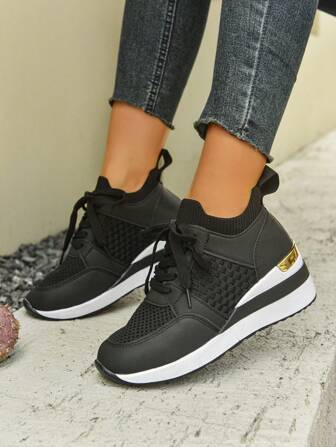 Women's Black Breathable Sports Shoes, Platform Casual Sneakers