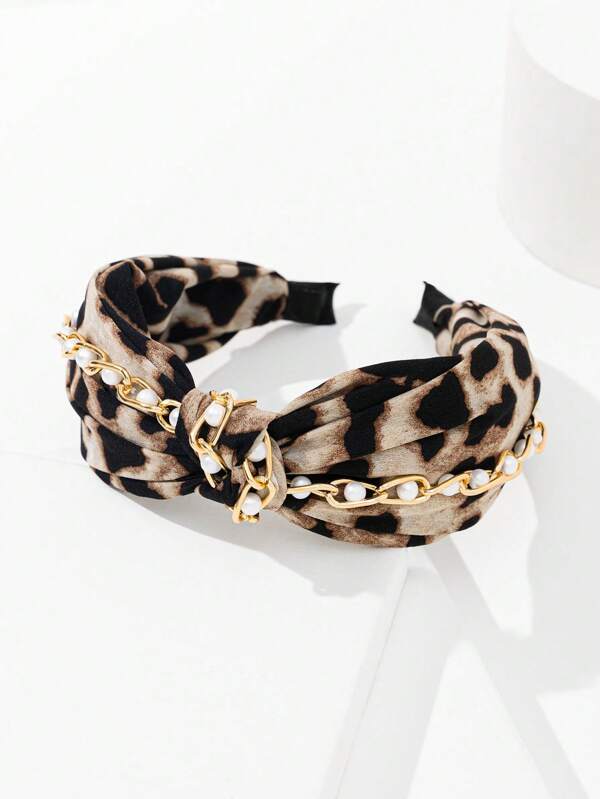 1pc Pearl Chain Knotted Wide-Brim Leopard Print Retro Fabric High Crown Criss-Cross Headband, Versatile Accessory For Women
