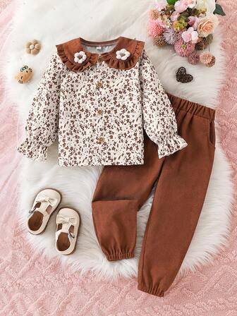 2pcs/Set Young Girl Casual Floral All-Over Print Long Sleeve Button Down Shirt & Corduroy Jogger Pants Set, Suitable For Spring Autumn Daily Casual Wear