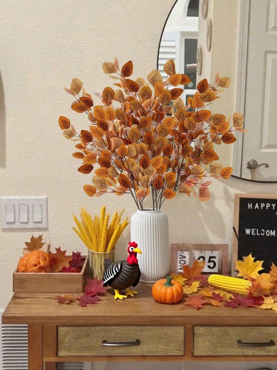 1/5/10 piezas Hojas de eucalipto de otoño artificiales, tallos de eucalipto de dólar plateado largo, ramas de hojas de otoño falsas de seda de eucalipto para decoración de otoño en interiores, hogar, acción de gracias. Decoración de otoño para dormitorio, decoración de calabaza de otoño, decoración de otoño para sala, decoración de otoño para cocina - Marrón - Ver 1