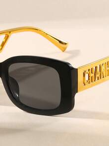 1 Pair Women's Fashion High-End Letter Element New Fashion Glasses, Gold Hollow Wide Leg Luxury Fashion Glasses, Suitable For Various Occasions - Black - View 4