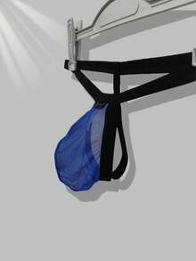 DomiGe 1 件性感内衣，蓝色弹力网眼低腰单肩带性感男士丁字裤