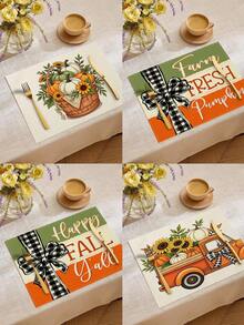 4 piezas/6 piezas/60 piezas Manteles decorativos de otoño, calabaza, girasol, hoja, coche, lazo, manteles de lino con letras, manteles resistentes a la suciedad, adecuados para el hogar, restaurante, decoración de mesa de comedor, artículos para el hogar - Multicolor - Ver 19