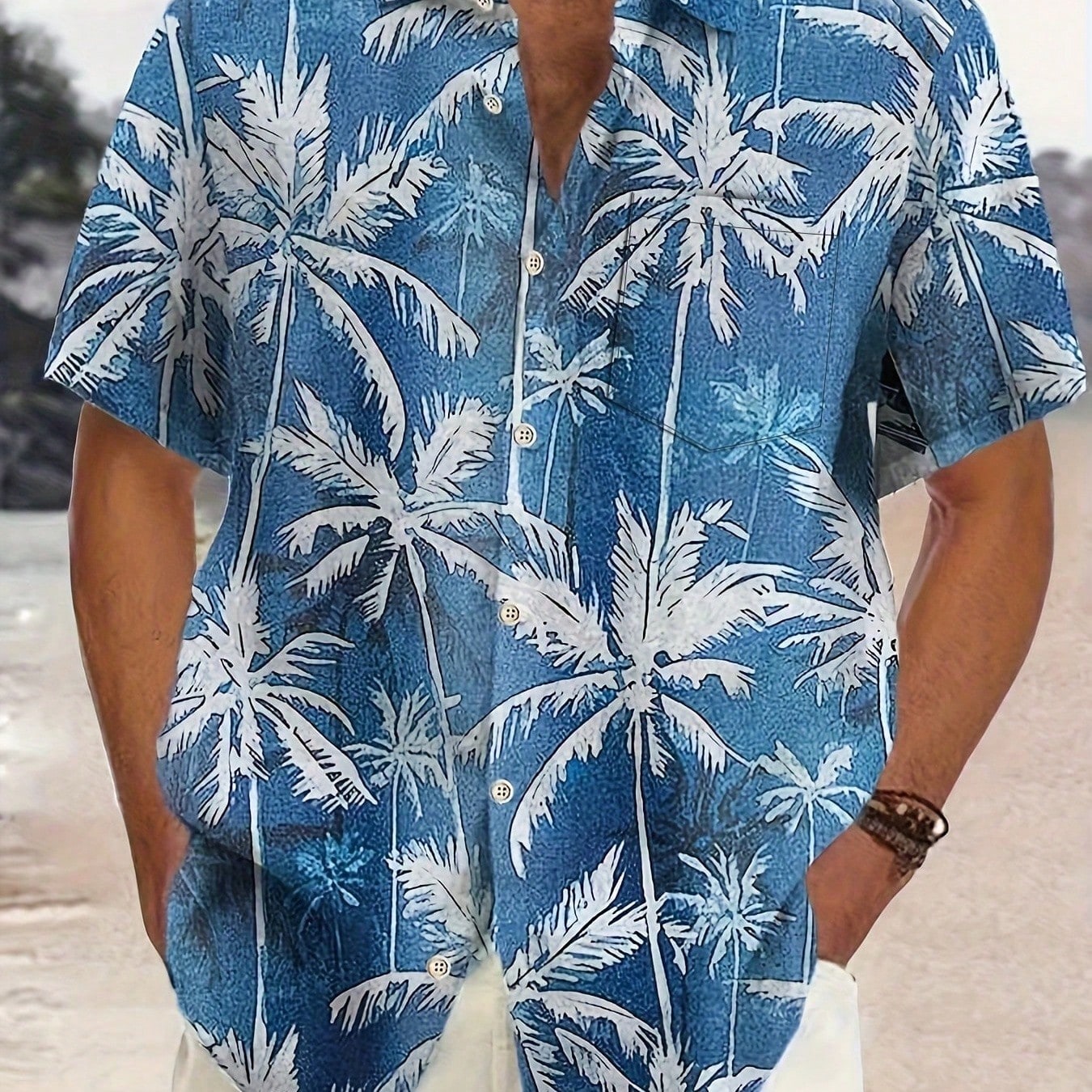 Camisa de manga corta con botones y estampado de árboles de coco para vacaciones de verano, talla grande para hombres