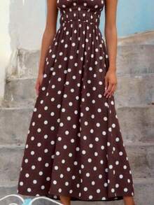 Womens Front Split Long Dress Sleeveless Spaghetti Strap Solid Color Dress Longline Cami Tops - Dark Brown - View 1