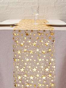 1 pezzo Runner da tavolo con stampa stelle in lamina d'oro, 28 cm x 274 cm, in tessuto di poliestere metallizzato, adatto per vacanze, primavera, tovaglia da matrimonio, decorazione matrimonio, decorazione casa, decorazione stanza, regalo per feste, decorazione per compleanni di nozze, addio al nubilato, decorazioni natalizie per la casa, regali di Natale, decorazioni natalizie