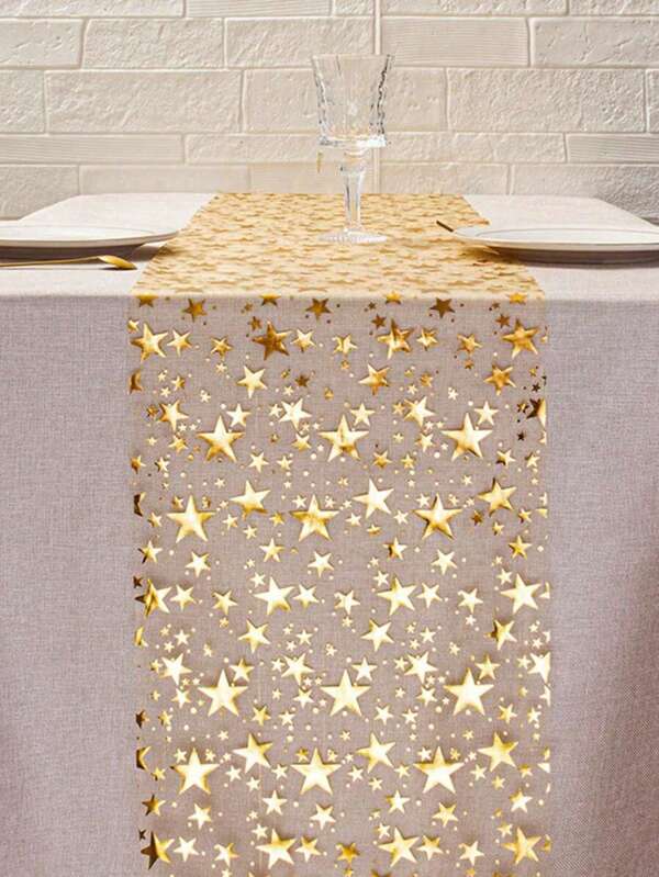 1 pezzo Runner da tavolo con stampa stelle in lamina d'oro, 28 cm x 274 cm, in tessuto di poliestere metallizzato, adatto per vacanze, primavera, tovaglia da matrimonio, decorazione matrimonio, decorazione casa, decorazione stanza, regalo per feste, decorazione addio al nubilato/celibato, E-I-D.