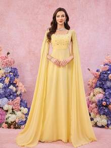 UNITHORSE Women Square Collar Rhinestone & Sequin Sleeve Solid Color Chiffon Evening Party Bridesmaid Dress, Wedding Guest Dress, Formal Dress, Bride Dress, Birthday Women Outfits, Graduation Dress - 淡黃色 - 查看 3
