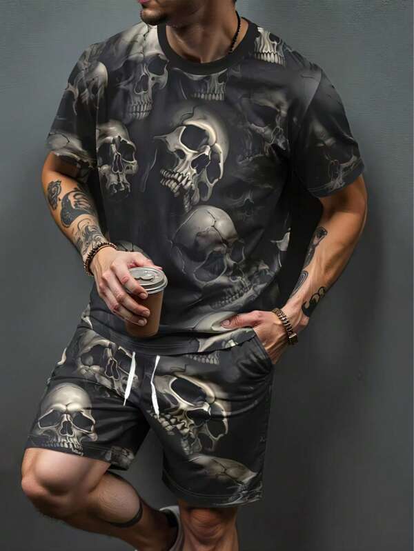 Conjunto de camiseta de manga corta de cuello redondo con estampado y pantalones cortos con cordón en la cintura para hombre, de verano, casual y versátil, para uso deportivo y exteriores, de ajuste universal - moda casual con bolsillos y cordón