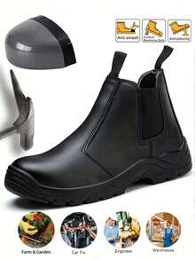 1双男士轻便钢头工装靴，防刺穿，套穿式工装训练靴，橡胶鞋底，女士工作安全鞋，耐用防滑，适用于仓库、工厂、户外、园艺、制造、厨房等场所。 - 黑色 - 查看 1