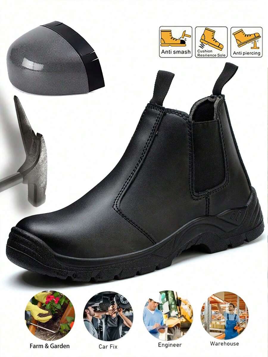 1双男士轻便钢头工装靴，防刺穿，套穿式工装训练靴，橡胶鞋底，女士工作安全鞋，耐用防滑，适用于仓库、工厂、户外、园艺、制造、厨房等场所。 - 黑色 - 查看 1