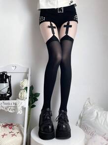 1件装女士性感黑色蕾丝交叉吊袜带连裤袜，适合春夏、万圣节、复活节等场合，舒适百搭。 - 黑色 - 查看 2
