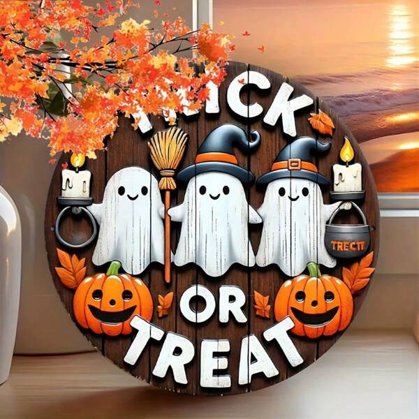 1PC Halloween Home Decoration Hanging Halloween Ghost Trick Or Treat Wooden Round Sign Creative Sign Suitable For Halloween Party Decoration Fall Decor Autumn Decor