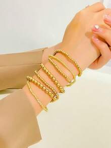 7pcs Retro Minimalist Beaded Bracelet Set, Elegant CCB Material, Suitable For Women, Daily, Commute, Date, Party, Holiday, Girlfriend Birthday Gift - Yellow Gold - View 11