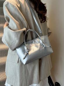 1 件银色绗缝拉链封口 PU 纯色保龄球包，大容量手提包，新时尚复古风格单肩包，适合女性日常使用，秋冬