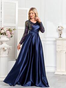 hezixi High Quality Elastic Sequin V-Neck Cover Sleeves With Slim Fit And Fishtail Hem Design, Featuring A Solid Elegant And Luxurious Long Dress For Women,Making Women Younger And More Charming,Suitable For Various Parties, Graduations, Weddings, Events And Various Banquets And Dancing Parties,Formal Ball Gown For Women (Deluxe Edition) - Navy Blue - View 4