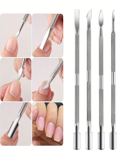 4 piezas Juego de Manicura de Acero Inoxidable - Empujador de Cutículas y Callosidades de Doble Cabeza, Raspador Triangular - Herramientas de Cuidado de Uñas y Pies Precisas con Mangos Texturizados - Sin Olor, Juego de Belleza, Manicura Precisa, Herramientas de Uñas Duraderas, Suministros para Técnicos de Uñas, Disponible en Múltiples Colores