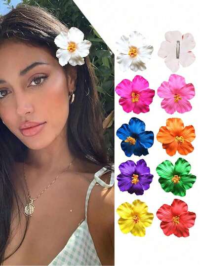 1个夏威夷花朵发夹，鸡蛋花泡沫发夹，配套夏威夷花朵项链，夏威夷热带派对装饰，女士人造花发夹，芙蓉花发夹，热带花环，绿黄白爱尔兰花环，花卉卢奥派对装饰，海滩泳池度假装扮，夏威夷派对用品，新娘婚礼，度假甜美波西米亚风格纯色PVC发饰