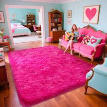 Alfombra peluda ultrasuave para sala de estar y dormitorio, extragrande, con base de goma antideslizante y 4 almohadillas autoadhesivas, 100 % poliéster, bordes cosidos resistentes, ideal como regalo de Navidad. - Rosa Fucsia - Ver 4