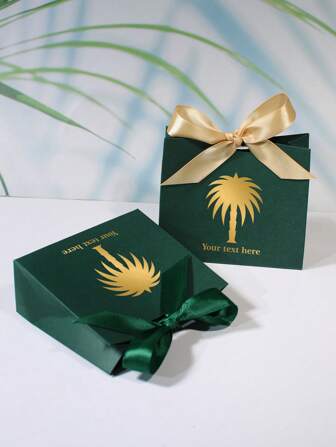 10/50 piezas Caja de regalo personalizable con diseño de palmera y lazo para Arabia Saudita, opción de texto personalizado, elegante caja verde para el Día Nacional de Arabia Saudita, recuerdos de boda, eventos corporativos, dulces, joyas o regalos pequeños