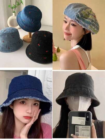 Boné de pescador feminino, simples, com borda desfiada, ideal para passeios de primavera/verão e uso diário, chapéu bucket jeans lavado retrô, versátil, proteção solar, visual natural, bordado cereja