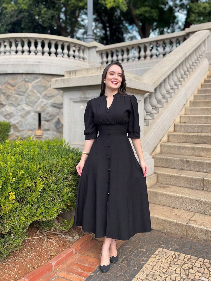 PLAIN MIDI DRESS Button WOMEN'S FASHION Daily - màu đen - Xem 1