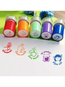 5pcs Colorful Spanish Cartoon Praise Stamp Set, Motivational Phrases, Spanish Learning Reward, Teacher & Parent Encouragement Stamps, "Great!", "You Can Do It!", Positive Affirmation