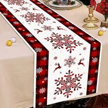1pc/270pcs Christmas Table Runner, Black & Red Plaid Border Christmas Snowflake Design, Polyester Material, 35x181cm, Winter Christmas Home Party Gathering, Restaurant Living Room Table Centerpiece Decor, Indoor Outdoor Dining Table Center Decor, Room Decoration, Home Decor, Kitchen, Decorative Style, Kitchen Decor, Room Decor, Christmas Decoration, Living Room Decor