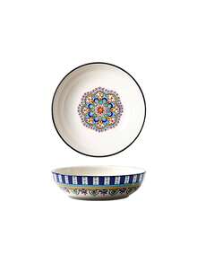 1pc 19.4oz Bohemian Style Underglaze Ceramic Plate, Luxurious Retro Colorful Painting Exquisite Pattern Large Capacity Salad Plate, Suitable For Home Kitchen, Restaurant, Holiday Gift, Party - Multicolor - View 16