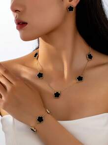 1 Juego de joyería elegante y versátil con collar, aretes y pulsera con diseño de flor de 5 pétalos