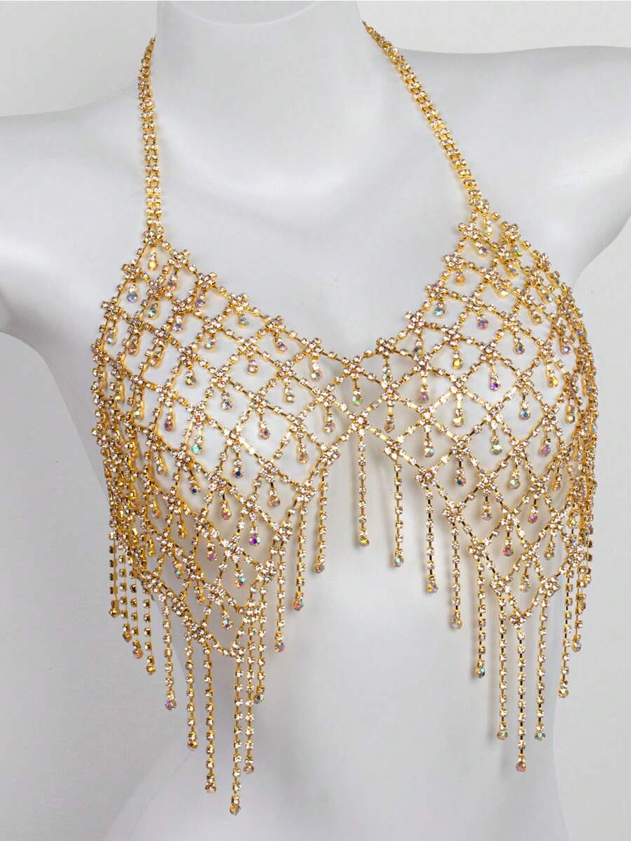1pc Women's Summer Beach Sexy Tassel AB Rhinestone Decor Bikini Bra And Thong, Nightclub Party Body Chain Fashion Body Jewelry - Gold - View 1