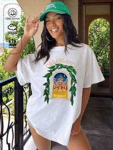 Koszulka damska z bawełny, koszulka z nadrukiem "Moon Night Castle", wiosenno-letnia, cztery pory roku, nowe modele, sportowa, damska, miękka, oddychająca, damska, biała koszulka z krótkim rękawem - Biały - Zobacz 1