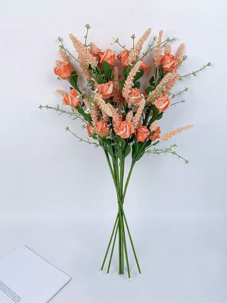 人造泡沫迷你玫瑰和麦穗花束 - 适用于卧室/客厅/婚礼/派对/餐厅装饰、情人节装饰、毕业礼物和秋季装饰。也可用于房间装饰。