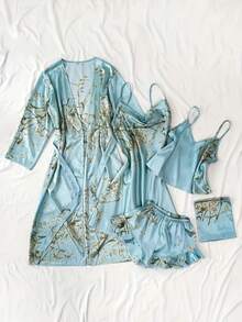Women's 5-Piece Printed Pajama Set - Elegant All-Season Pajamas, Including Long-Sleeved Tunic Robe, V-Neck Camisole Dress, Camisole, Shorts, Storage Bag, Soft, Skin-Friendly Pajamas And Loungewear Pajama Sets For All Seasons - 薄荷藍 - 查看 1