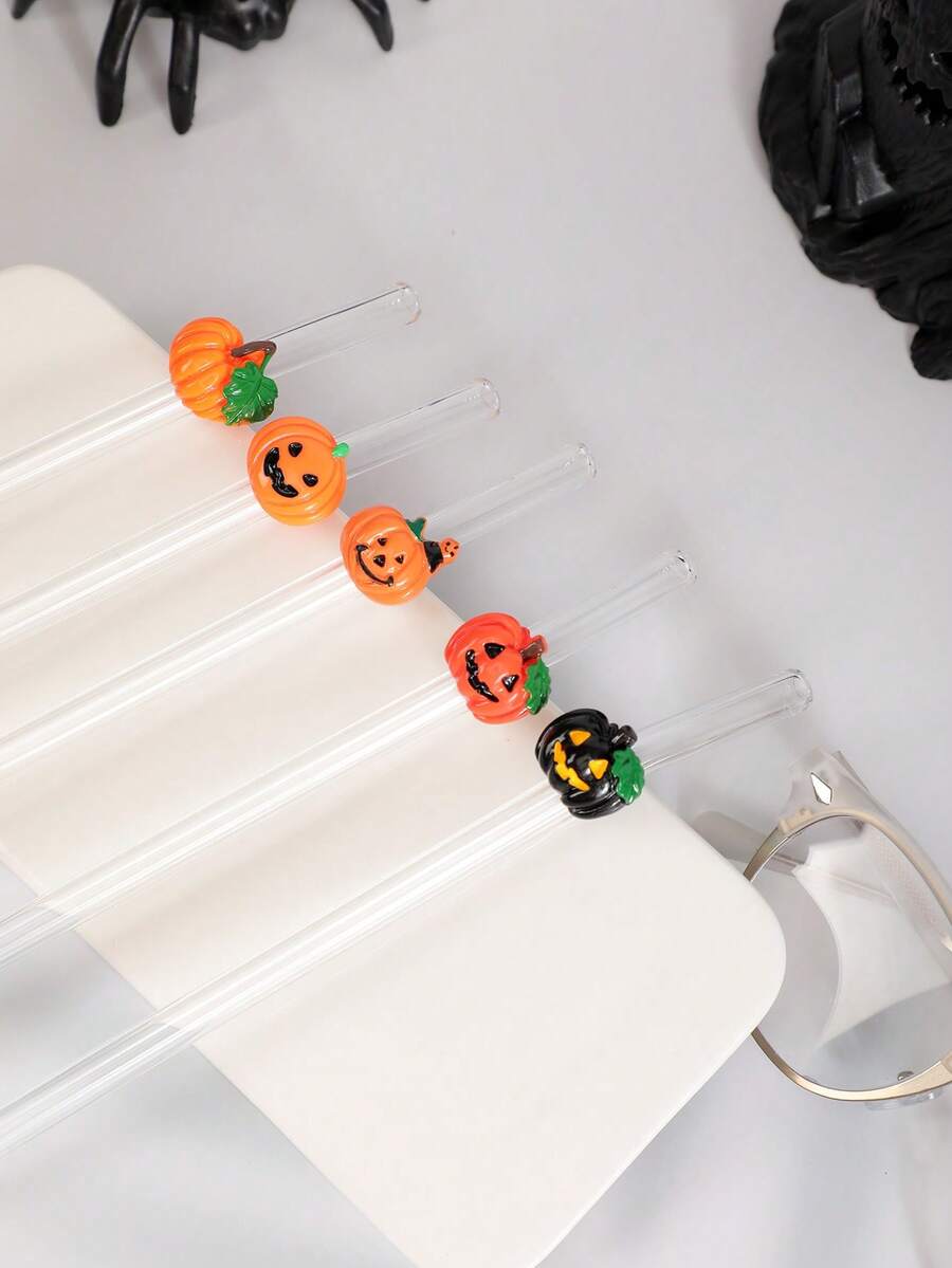 1-5 piezas/Set de pajitas de vidrio reutilizables con patrón de calabaza de Halloween, adecuadas para bebidas heladas, té de la tarde, batidos, smoothies, refrescos, leche con té, jugos y otras bebidas frías, ideal para fiestas de Halloween y bebidas festivas, libre de plomo, festivo, regalo de Halloween