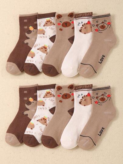 5 Pairs Of Children's Socks With Adorable Capybara Print, Mid-Calf Socks With Capybara Design, Usable In All Seasons