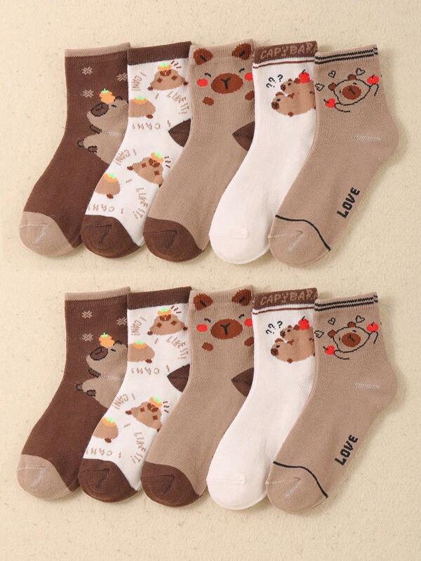 5 Pairs Of Children's Socks With Adorable Capybara Print, Mid-Calf Socks With Capybara Design, Usable In All Seasons