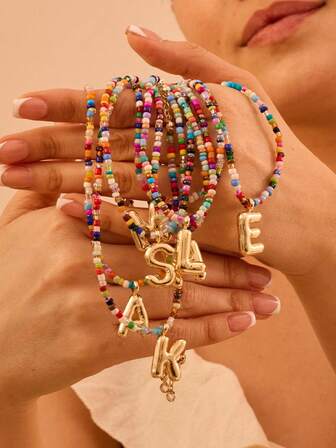 Colorful Initial Necklaces For Women Bubble Handmade Beaded Dainty Cute Beach Boho Necklace Jewelry Choker Necklace