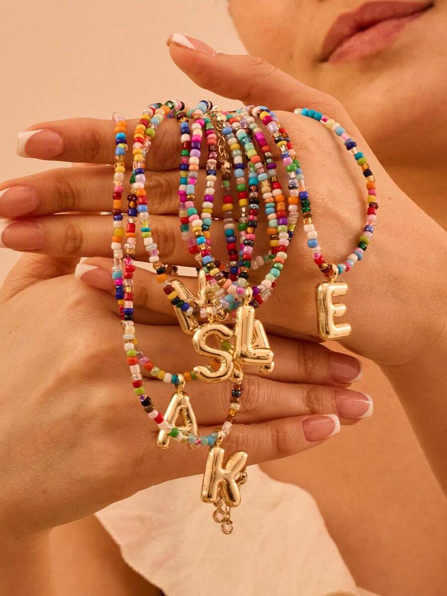 Colorful Initial Necklaces For Women Bubble Handmade Beaded Dainty Cute Beach Boho Necklace Jewelry Choker Necklace