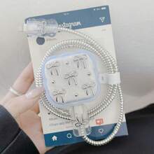 5pcs Silver Bow Design Scratch & Break Resistant Fast Charging 20W UK Plug Adapter Cover & Data Cable Protector Compatible With Iphone - Clear - View 2