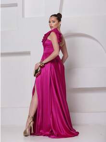 Long Dress For Bridesmaid – One Shoulder With Ruffle And Slit Elegant Simple Elegant Party Satin Side Opening Zipper Pleated Bridesmaid Civil Wedding Debutante Graduate Formal And Evening - 玫瑰紅 - 查看 9