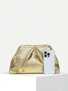 1pc Vintage Simple Old Money Style Solid Color Metal-Tone Angola Red Crackle Crinkle Cloud Large Clutch Bag, No Chain, Suitable For Going Out, Dates, Parties, And Daily Commute - Gold - View 4