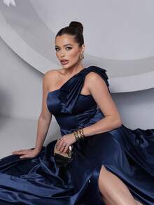 Long Dress For Bridesmaid – One Shoulder With Ruffle And Slit Elegant Simple Elegant Party Satin Side Opening Zipper Pleated Bridesmaid Civil Wedding Debutante Graduate Formal And Evening - 藏蓝色 - 查看 5