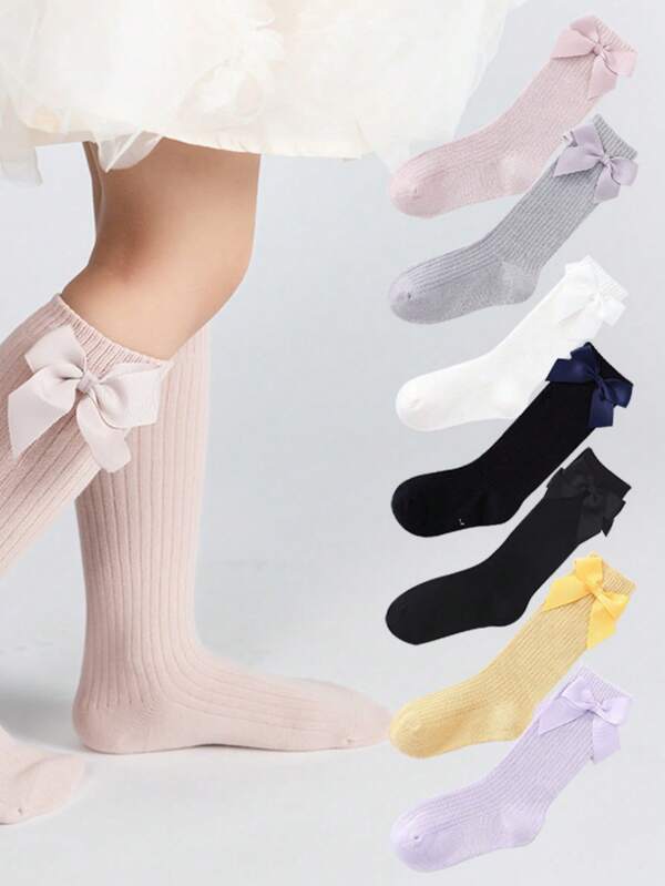 1 Pair Solid Color Cute Bow Decor Girls' Mid-Calf Socks, Soft, Warm, Breathable And Comfortable