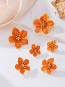 3 Pairs Handmade Orange 5-Petal Flower Stud Earrings, Dopamine Inspired, Suitable For Daily Wear/Vacation - Orange - View 2