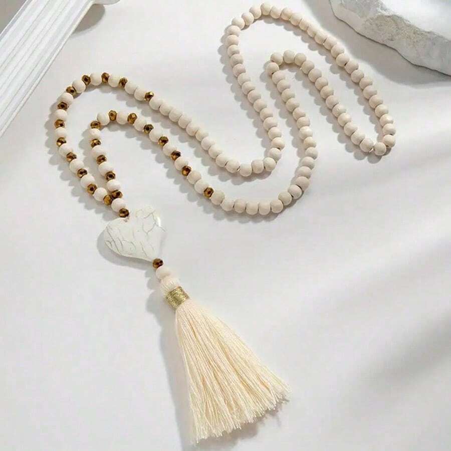 1pc Elegant Bohemian Style Long Y-Shape Women's Necklace With Turquoise Heart Beads Versatile Fashion Accessory For Casual Attire & Gifting Daily Wear All-Season Gift Accessory Pendant Necklace - 白色 - 查看 1