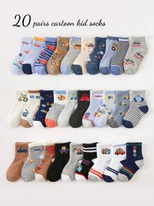 20/10/5 双儿童男童袜子，卡通汽车装饰，柔软舒适透气休闲运动短袜，适合日常生活、节日、旅行、返校、运动、课堂、新学期、学生，颜色和款式随机 - 彩色 - 查看 1